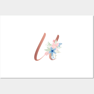 Letter U Rose Gold and Watercolor Blush Pink and Navy Posters and Art